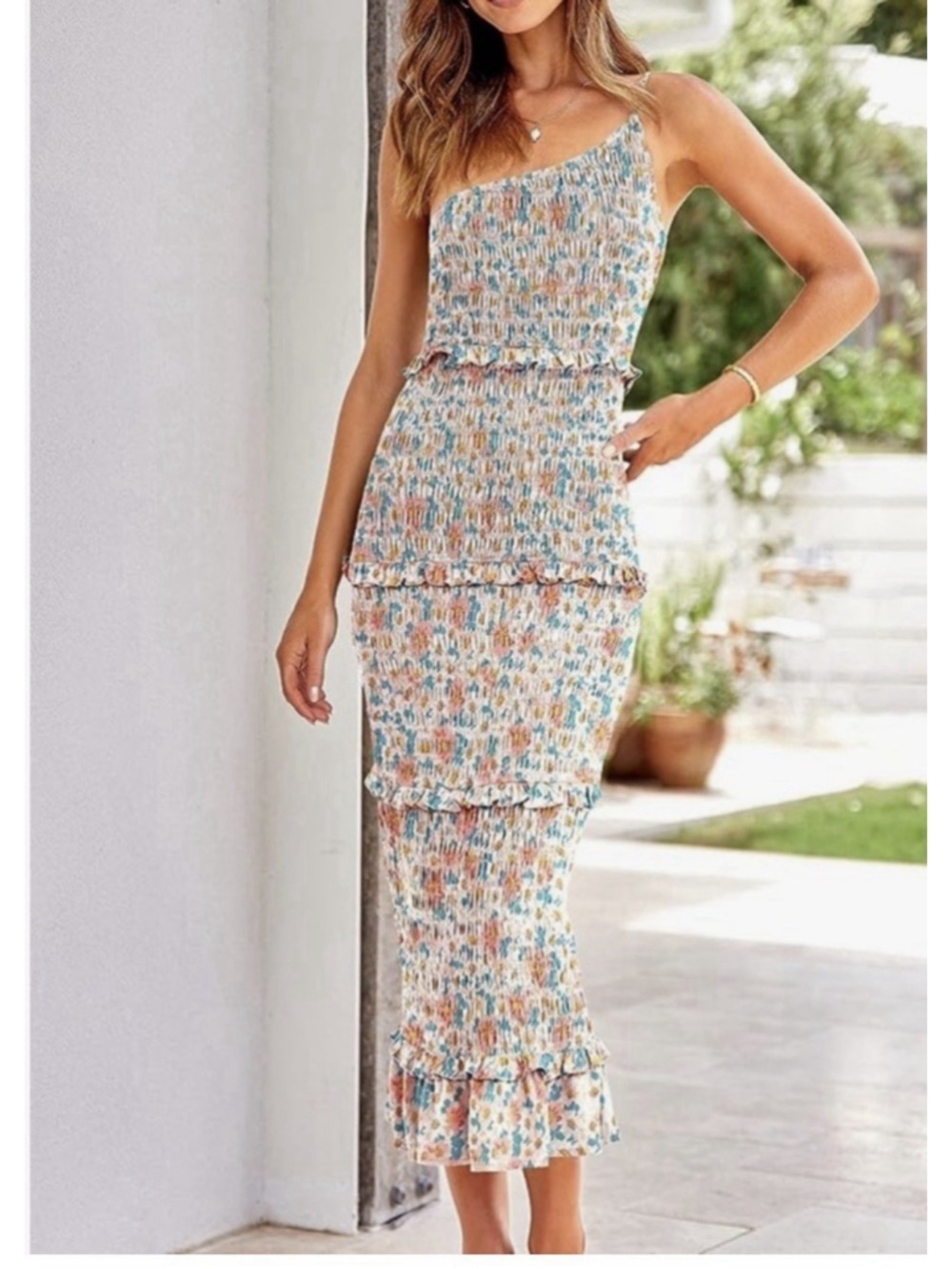Pretty Garden One Shoulder Floral Print Smocked Ruffle Midi Dress Size XL - Picture 2 of 6